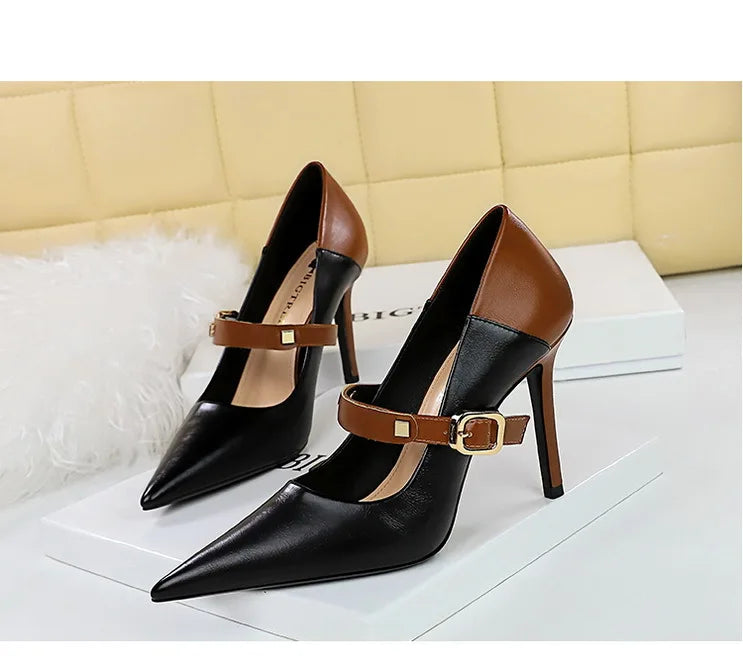 Retro Mixed Color Stiletto Pumps – Stylish Office Heels