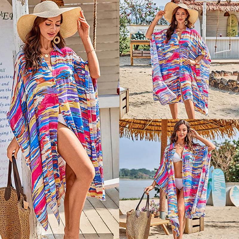 Floral Beach Cover Up Shirt: Women's Long Sleeve Button Front Kimono