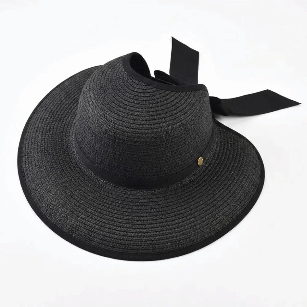 Woven Straw Hat with Bow: Floppy Bow Ribbon Hat