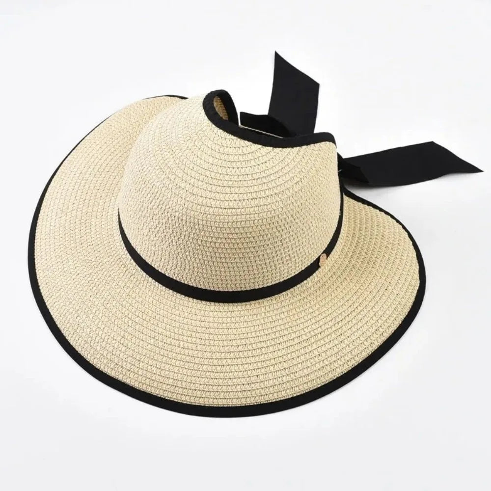 Woven Straw Hat with Bow: Floppy Bow Ribbon Hat