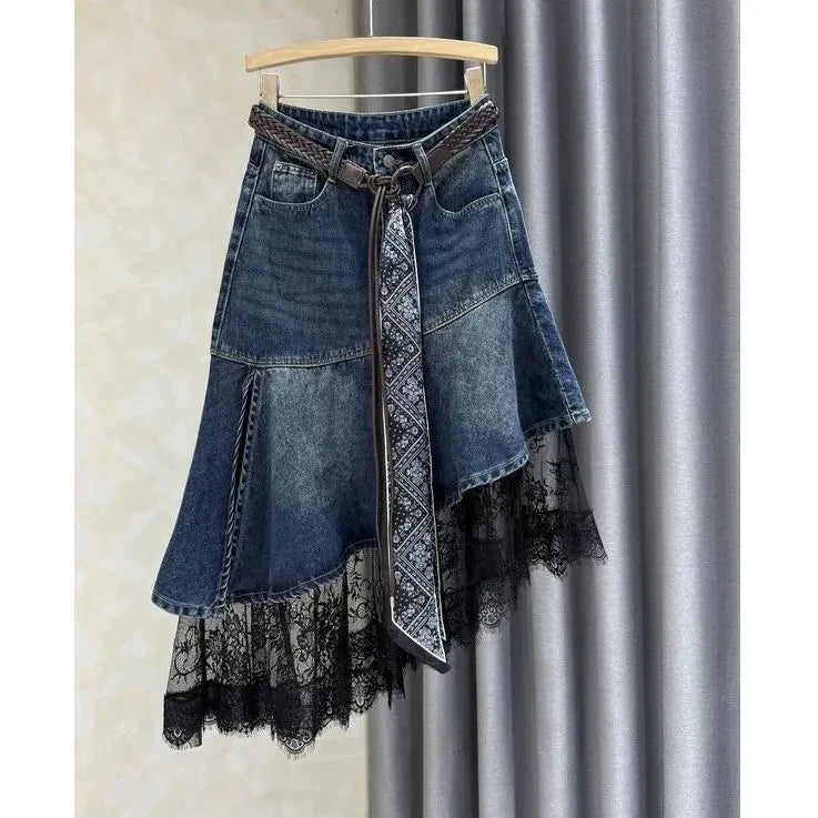 Patchwork Denim Skirt: Asymmetrical Layered Midi Skirt