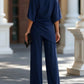 Draped Blouse Pants Set: Batwing Sleeve Top and Wide Leg Pants Elegant Formal Outfit