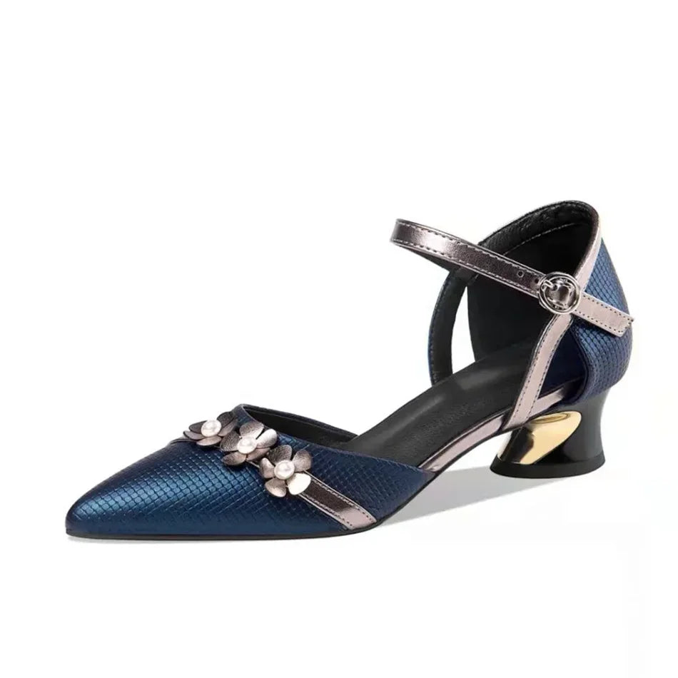 Navy Blue Leather Square Heel Pumps for Women | Classic Office & Work Shoes