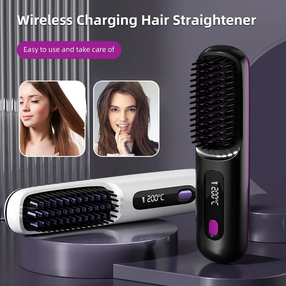 Wireless Hair Straightening Brush: Rechargeable Hair Smoothing Brush with Adjustable Temperature Control
