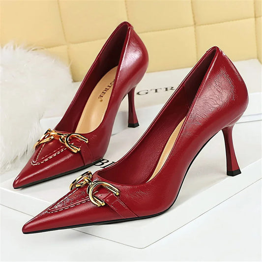 8cm Stiletto Pumps with Metal Chain – Wine Red Office Shoes