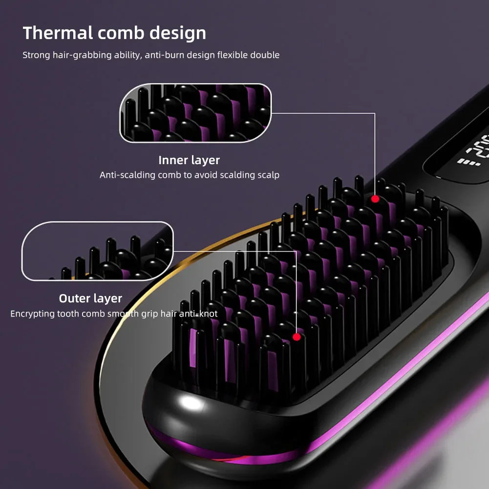 Wireless Hair Straightening Brush: Rechargeable Hair Smoothing Brush with Adjustable Temperature Control