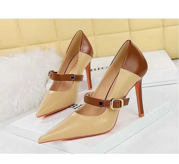 Retro Mixed Color Stiletto Pumps – Stylish Office Heels