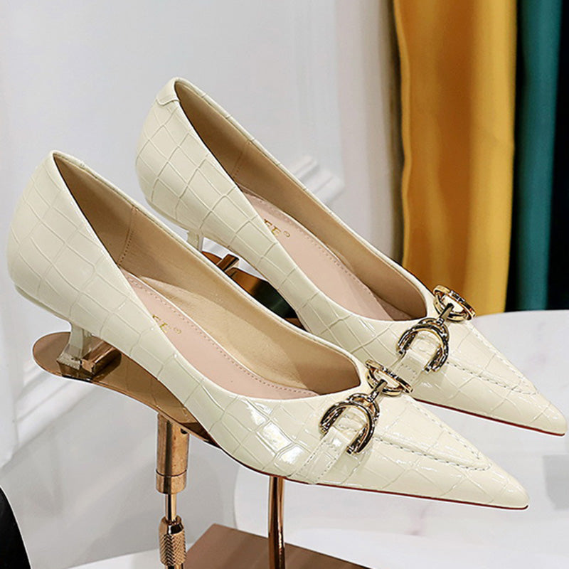 Retro Low Heel Pointed Toe Pumps with Metal Chain Buckle