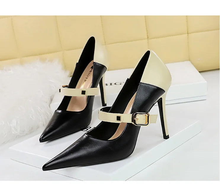 Retro Mixed Color Stiletto Pumps – Stylish Office Heels