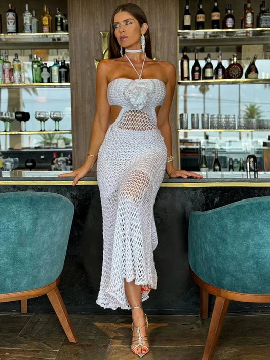 Knitted Women Dress: Beach Party  See-Through Spaghetti Strap Dress