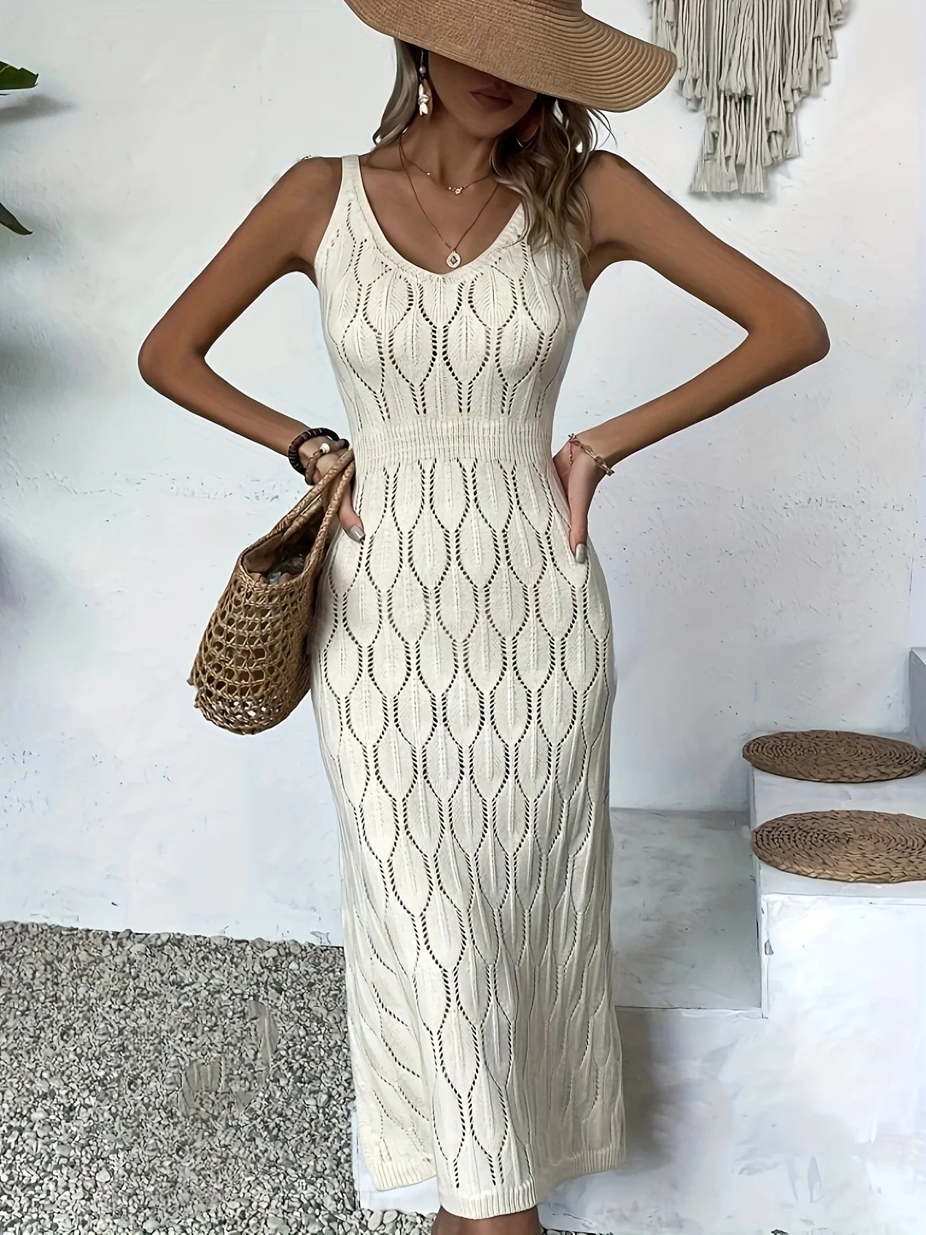 Knitted Long Dress: Casual Elastic Waist Knitted Dress