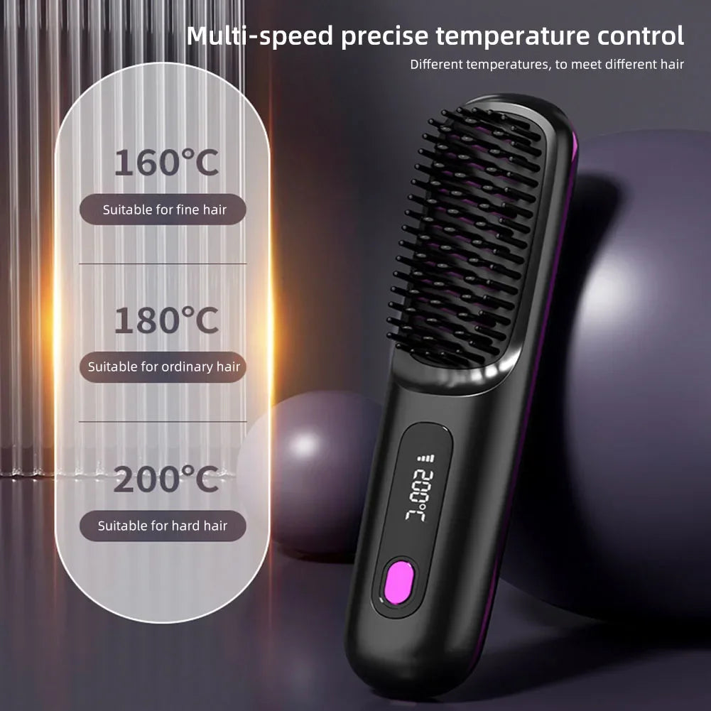 Wireless Hair Straightening Brush: Rechargeable Hair Smoothing Brush with Adjustable Temperature Control