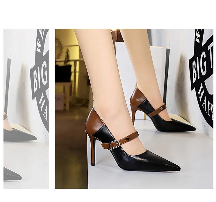 Retro Mixed Color Stiletto Pumps – Stylish Office Heels