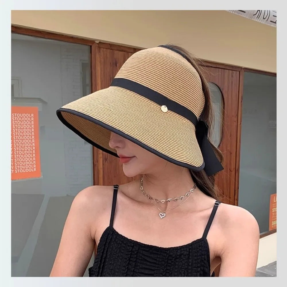 Woven Straw Hat with Bow: Floppy Bow Ribbon Hat
