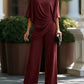 Draped Blouse Pants Set: Batwing Sleeve Top and Wide Leg Pants Elegant Formal Outfit