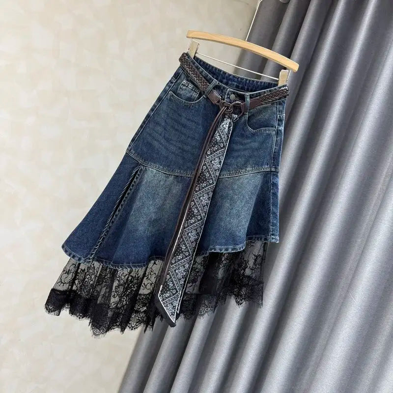 Patchwork Denim Skirt: Asymmetrical Layered Midi Skirt