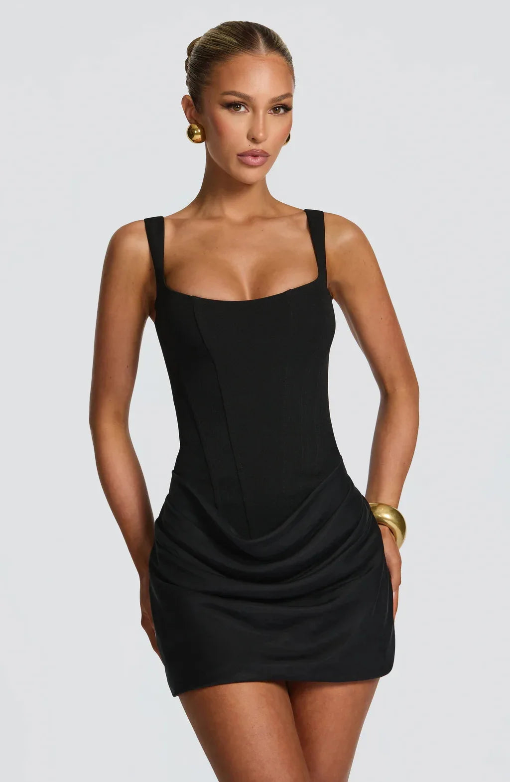Elegant black corset dress front view