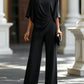 Draped Blouse Pants Set: Batwing Sleeve Top and Wide Leg Pants Elegant Formal Outfit