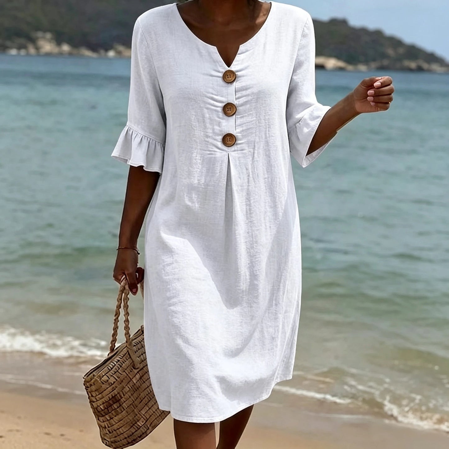 Three Button Ruffle Cuff Midi Dress: Neck Ruffle Sleeve Loose Casual Beach Dress