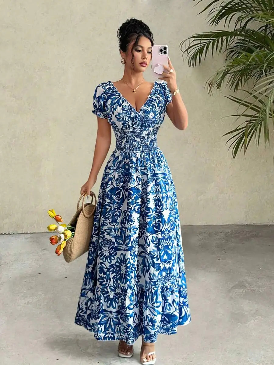 Elegant blue botanical maxi dress