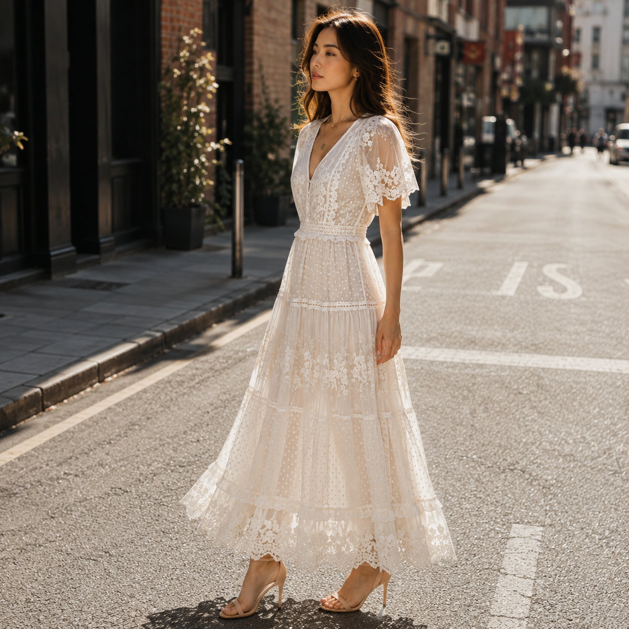 V-neck lace midi dress