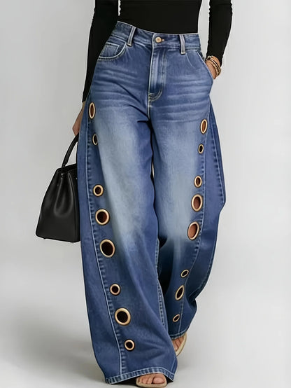 High-waisted blue grommet jeans
