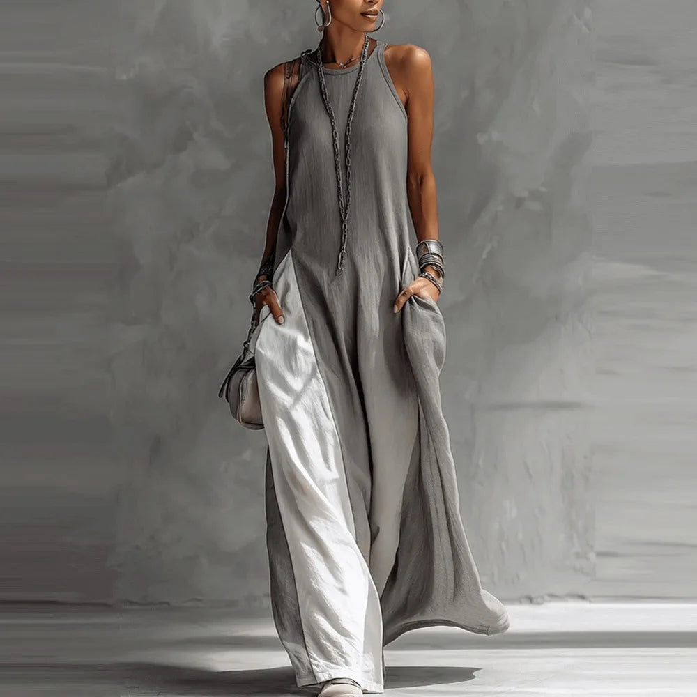 Color block sleeveless wide leg jumpsuit