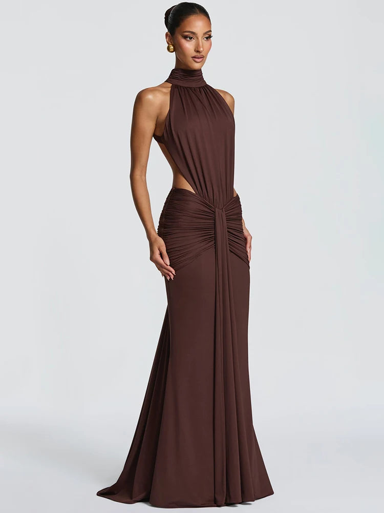 Elegant Brown Backless Evening Dress