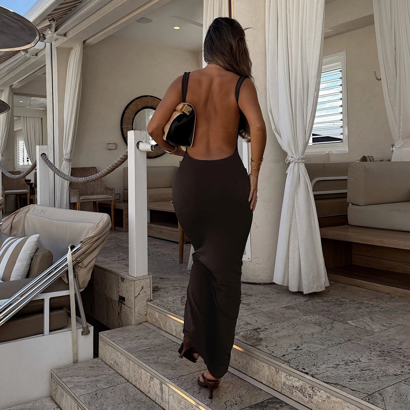 Elegant brown backless Dress Back view