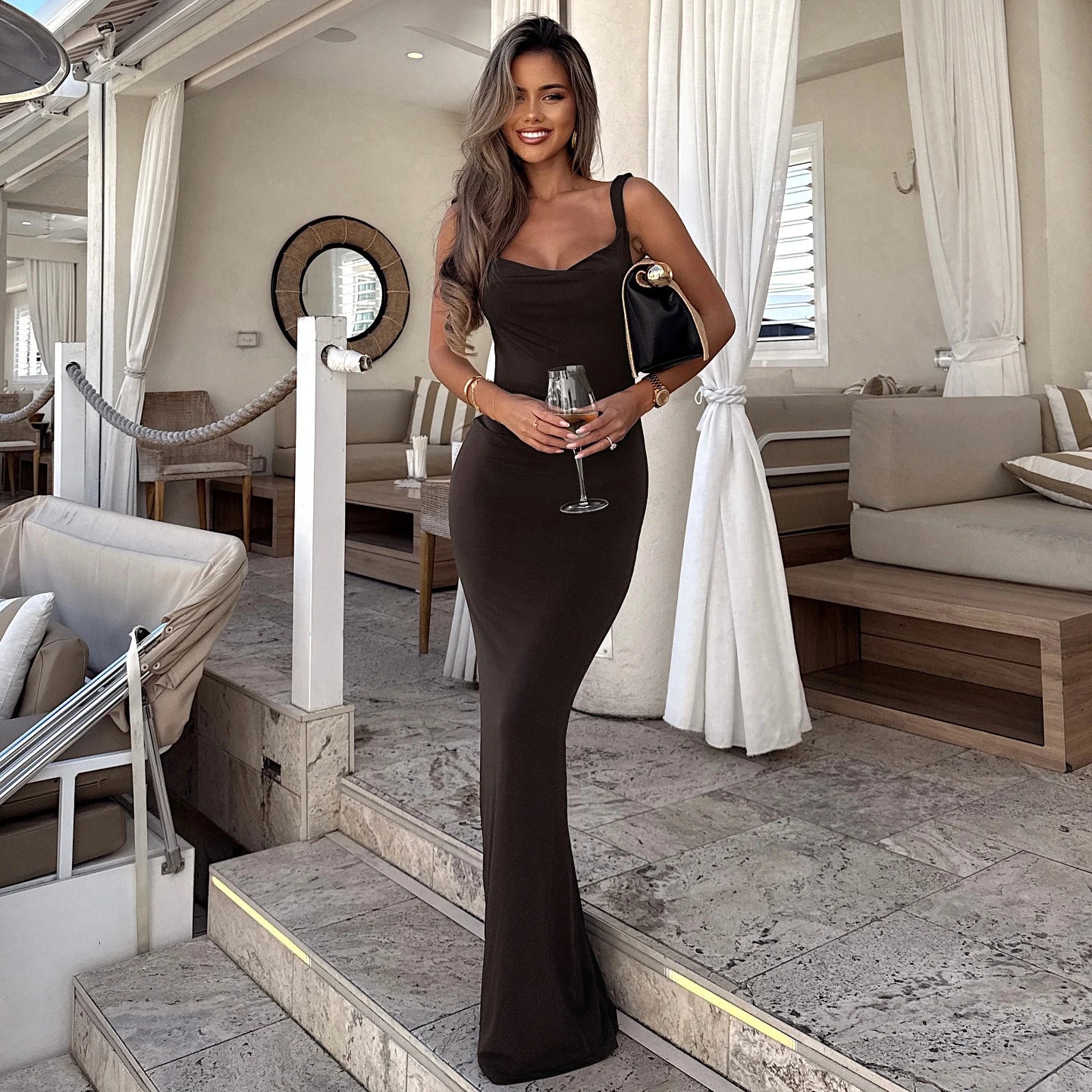 Elegant brown backless Evening Dress