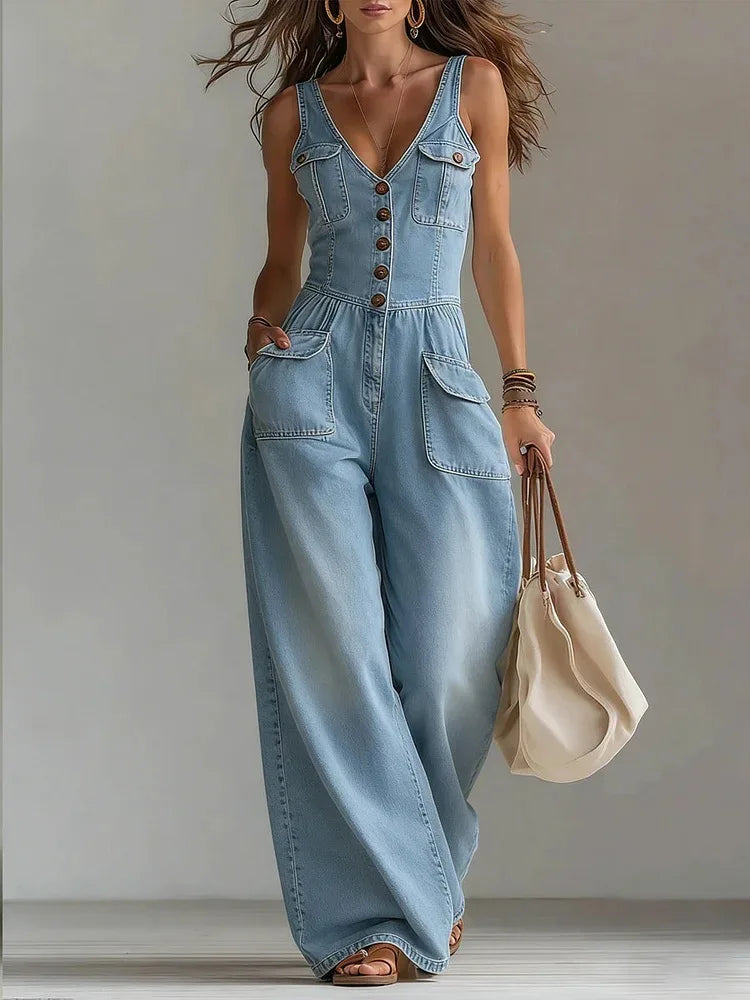 Denim wide leg jumpsuit