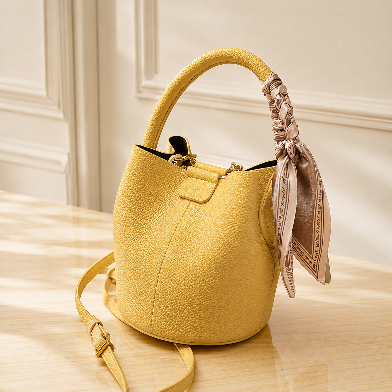 Pebbled leather bucket handbag