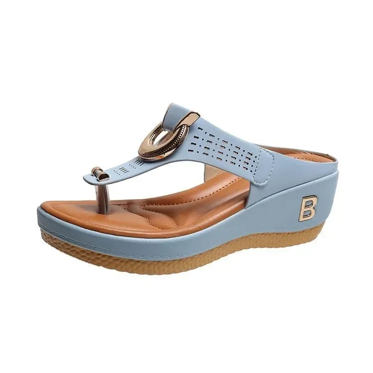 Blue wedge thong sandals