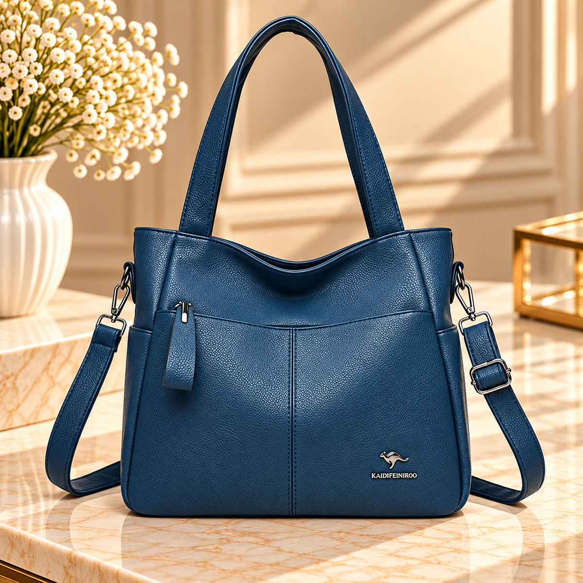 Blue Adjustable Strap Tote Handbag