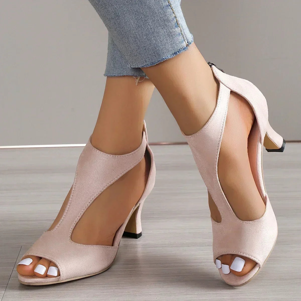 Peep Toe Back Zip Heels