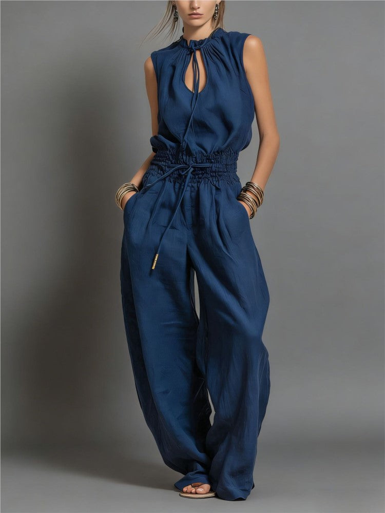 Smocked waist wide leg jumpsuit