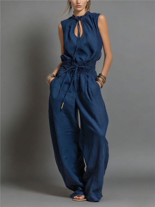 Smocked waist wide leg jumpsuit
