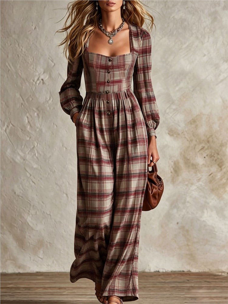 plaid square neck jumpsuit