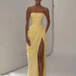 Yellow strapless ruched gown front view