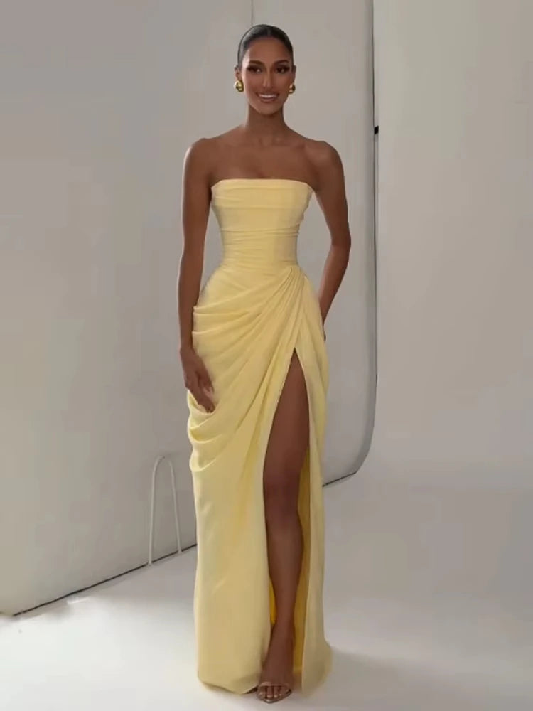 Yellow strapless ruched gown front view