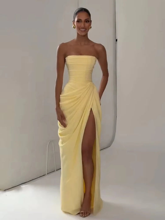 Yellow strapless ruched gown front view
