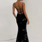 Black backless evening dress back view