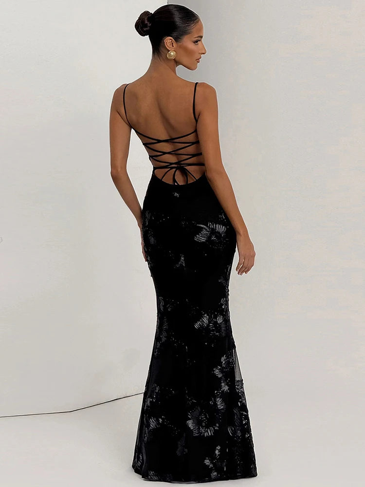 Black backless evening dress back view