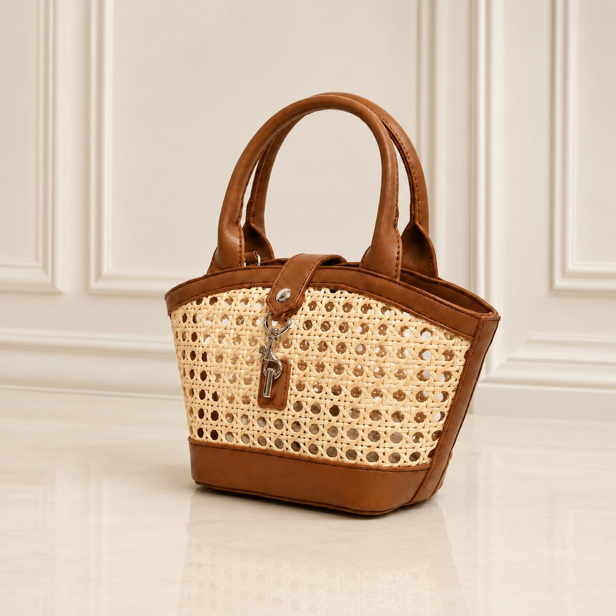 Woven straw satchel handbag