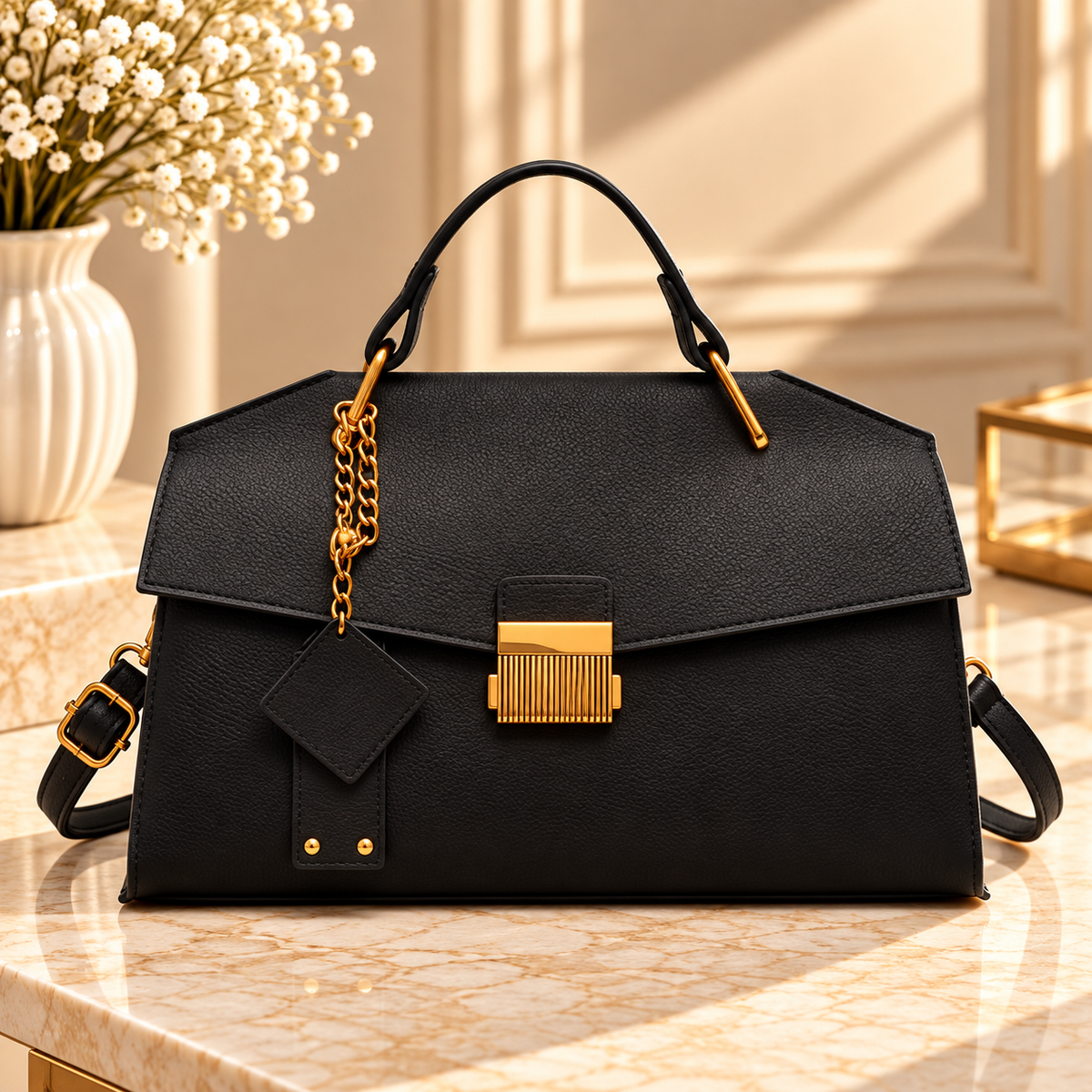 Black top handle handbag