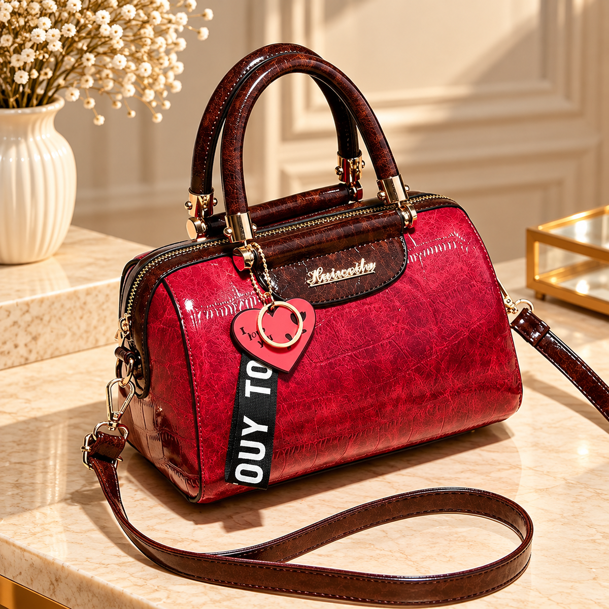 Red crocodile embossed handbag