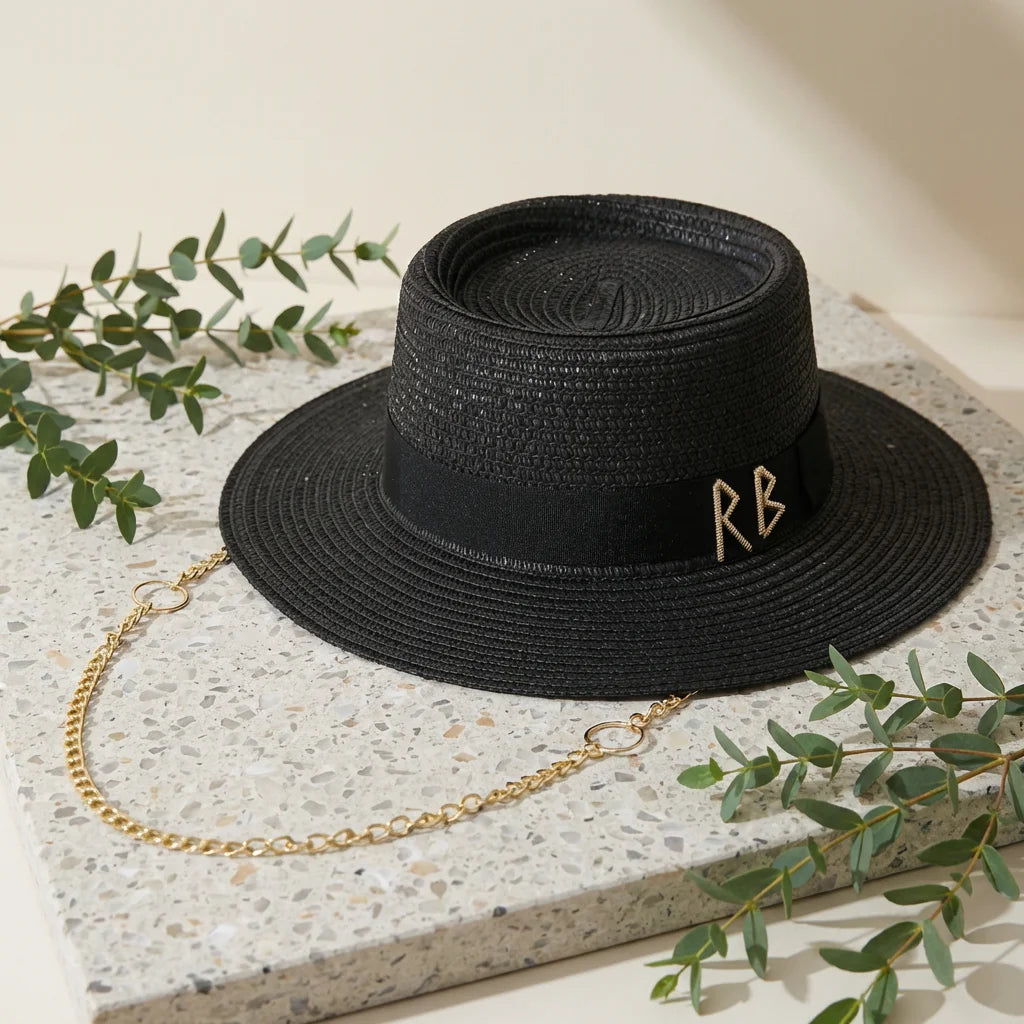 Gold Chain Straw Boater Hat