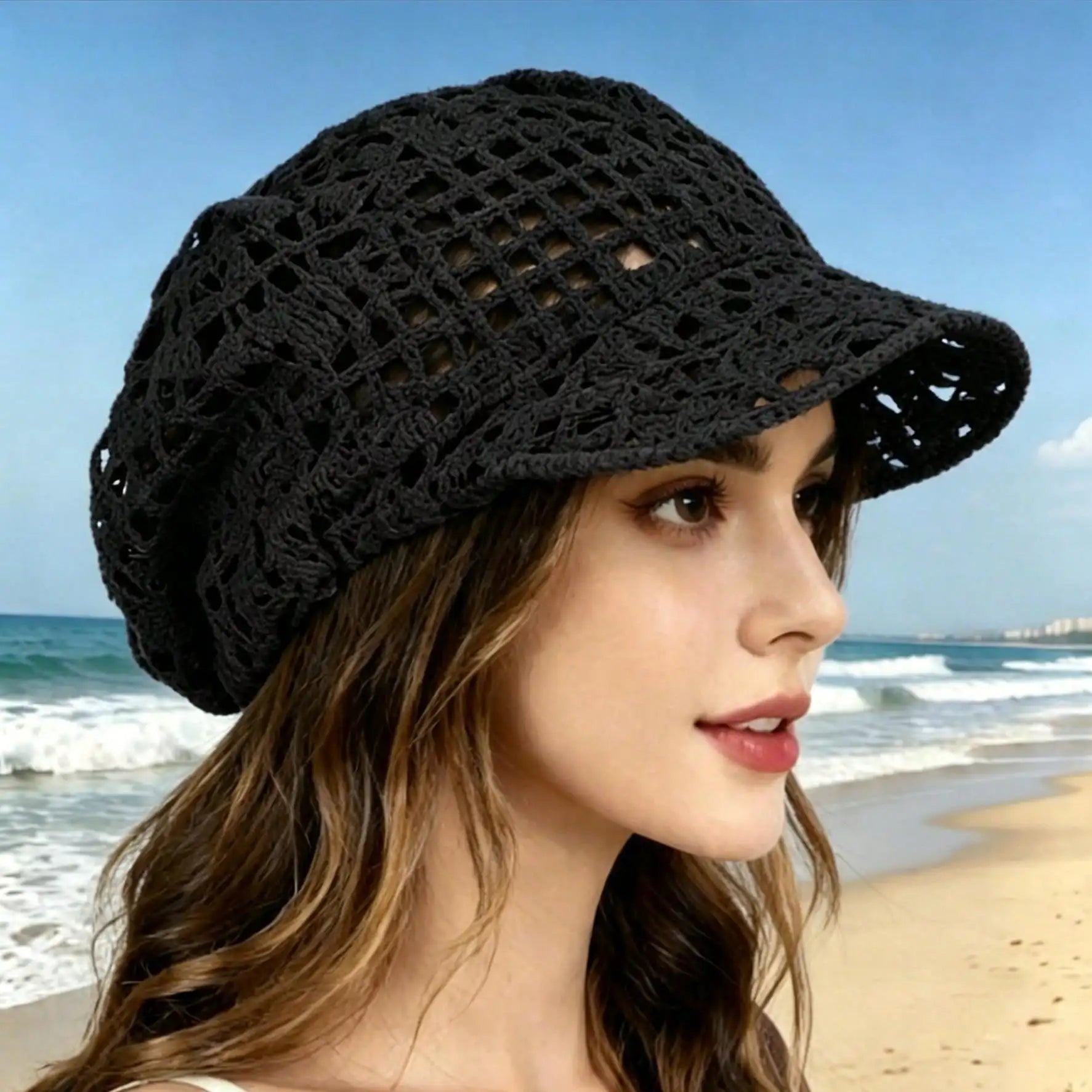Black hollow knit summer visor cap