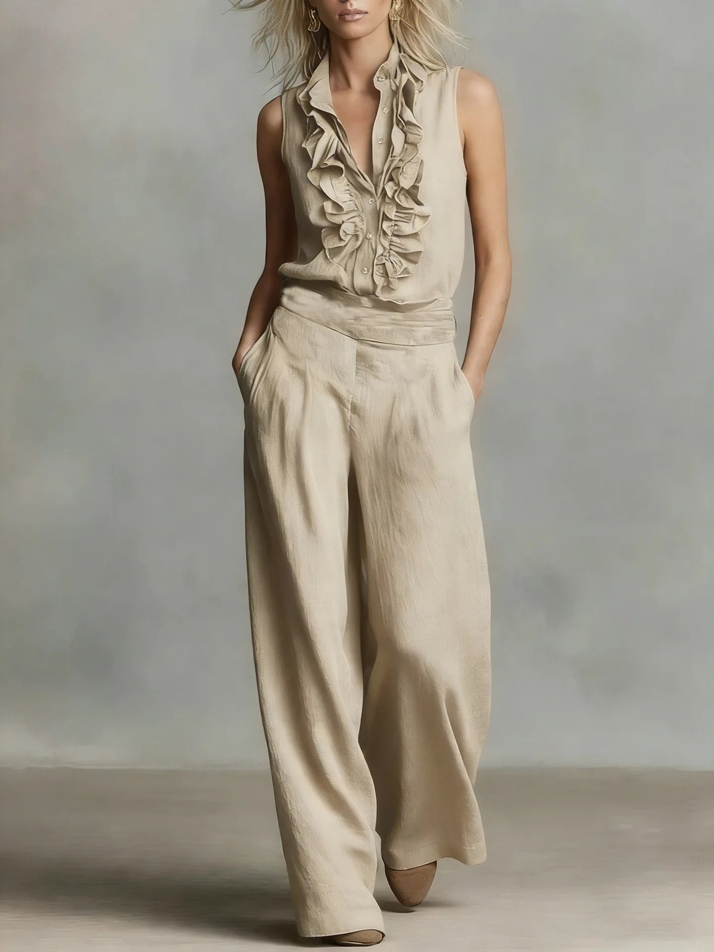 Ruffle Sleeveless Button Front Jumpsuit