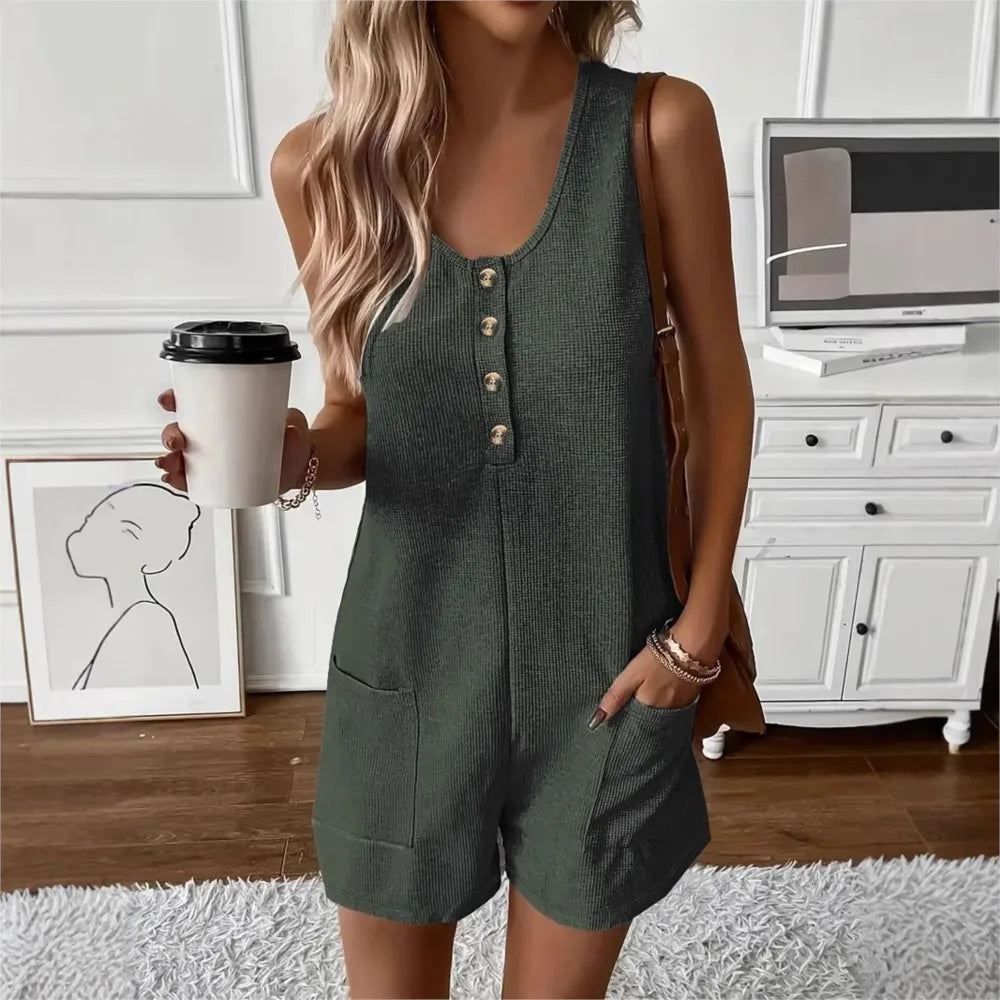 button Front Sleeveless Romper